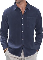 Men’s Linen Shirt Casual Long Sleeve Button Down Summer Beach Pocket