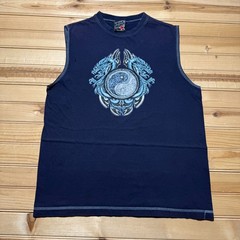 Vintage 90s Yin Yang Blue Dragons Tattoo Graphic Sleeveless Muscle Shirt Medium