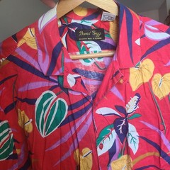 Vtg David Gregg Romania Botanical Tropical Hawaiian Shirt Sz Lg Red Loud Tiki