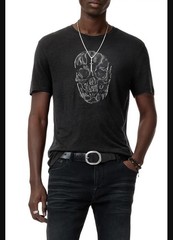 John Varvatos Chain Skull Appliqué Slub Linen Blend T-Shirt Large, BLACK