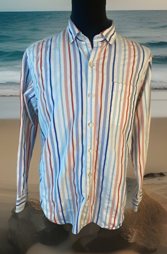 Tommy Bahama Shirt Mens Large Striped Cotton Silk Blend Dutton Down Beach Boys