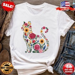 Wildflower Cat T-Shirt, Nature Lover Shirt, Cat Lover Cat Day T-Shirt S-5XL