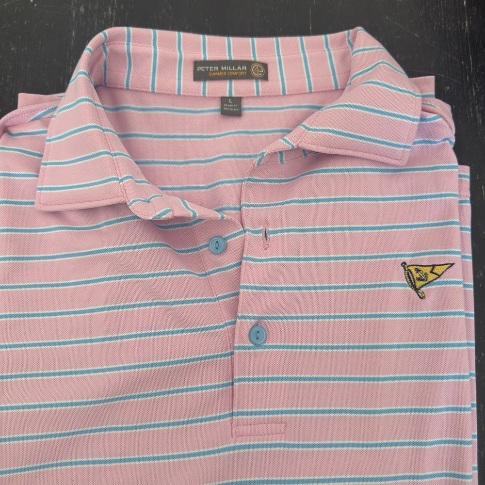 Peter Millar E4 Performance Summer Comfort Pink Blue Striped Polo Shirt Large