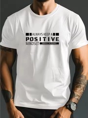 Men’s 100% Cotton Casual T-Shirt with Positive Attitude Slogan Print – Loose F
