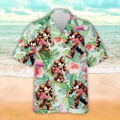 Bigfoot Tropical Vacation Hawaiian Shirt For Men Women, Hibiscus & Flamingos