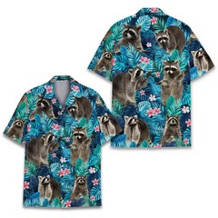 Floral Raccoon Hawaiian Shirt Tropical Beach Shirt Button Down