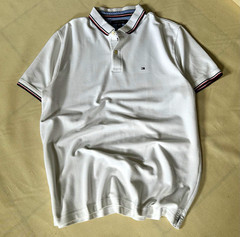 Tommy Hilfiger Polo Shirt Mens XL White Flag Logo Pique Cotton Short Sleeve