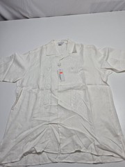 Tulliano Shirt Mens L White Linen Embroidered Button Up Short Sleeve FLAW STAIN