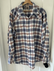 ELY Cattleman Men’s XXLT Blue White Brown Plaid Long Sleeve Button-Up Pockets