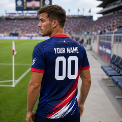USA Soccer Jersey Football Tee Dark Blue American Flag Athletic V Neck Soccer