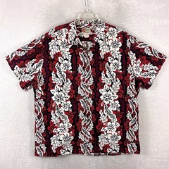 VTG Hilo Hattie Hawaiian Shirt Men XL Red White Floral Camp Aloha Tiki Beach USA