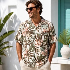 Luxury Linen Blend Tropical Palm Camp Shirt Mens M Resort Coastal Vacation Euro
