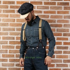Non Stock Retro WABASH Striped Denim T-Shirt Mens Casual Button Down Work Shirts