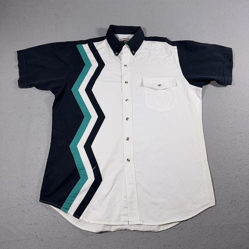 Vintage Cumberland Outfitters Shirt Mens Large White Navy Western Zigzag 90s
