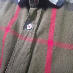 Burberry London Shirt Mens Large Slim Fit Taupe Brown Plaid Red Equestrian Logo