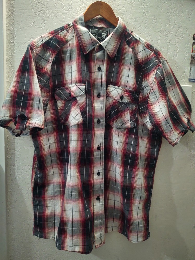 Men Elixir Button Down Red Black White Plaid Short Sleeve Shirt Size XL