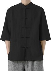 Tang Suit Shirt Chinese Frog Button Cotton Kung Fu Jacket Top Pocket 5XL Black
