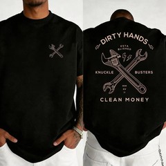 “Dirty Hands, Clean Money” wrench graphic t-shirt, workwear-style graphic print