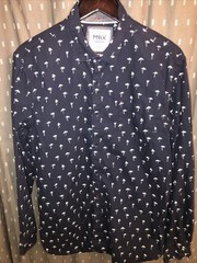 MBX Men’s Denim Wear Navy Slim Fit Button Down Shirt Flamingo AOP. Size Large
