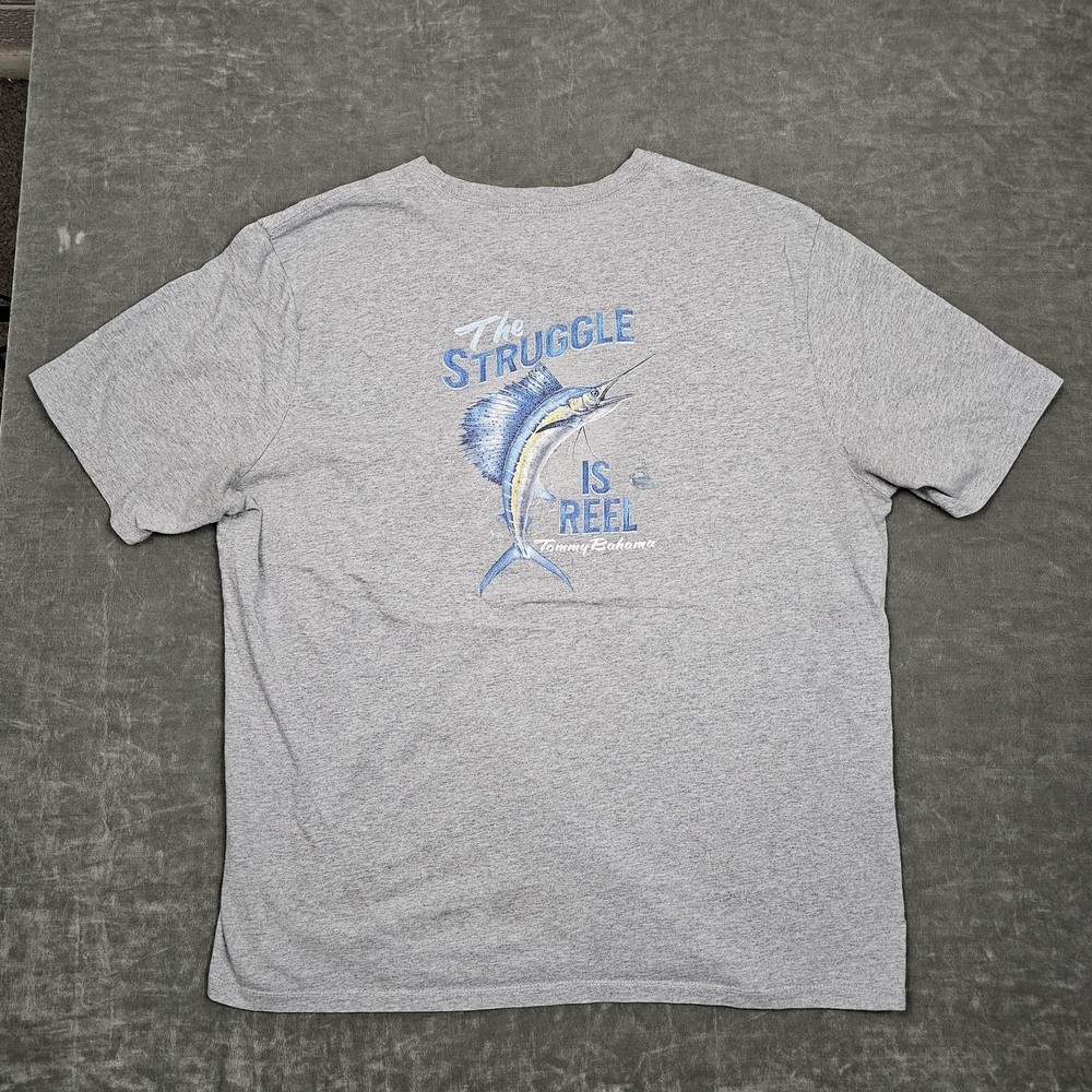 Tommy Bahama Shirt Mens XL Gray The Struggle Is Reel Funny Fish Graphic Tee