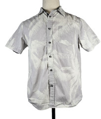 Distortion Mens Shirt S Modern Fit Leaves Short Sleeve Button up Gray/White