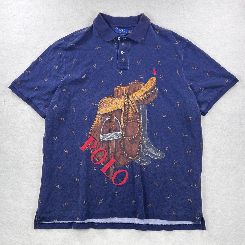 Polo Ralph Lauren Mens XXL Navy Blue Equestrian Saddle Stirrup Print Polo Shirt