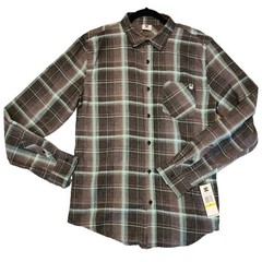NWT DC Size Medium Grey Mint Plaid Long Sleeve Button Up Shirt Cotton Poly