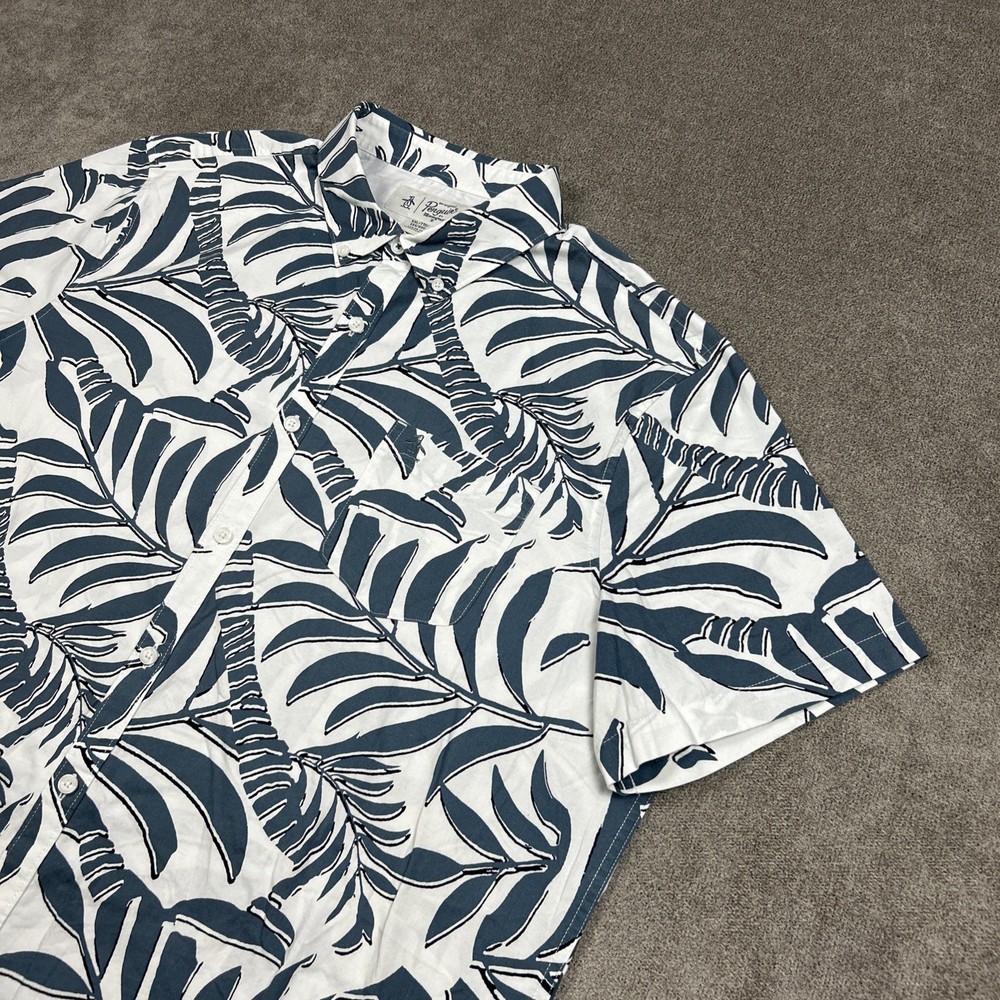 Original Penguin Shirt Mens 2XL Button Down Short Sleeve White Blue Floral Casua