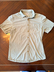 Faherty Men’s Solid Gray Short Sleeve Collared Button-Up Shirt, Pockets, M