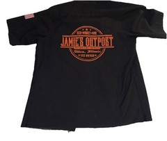 Women’s Motorcycle Shirt Whisky IL “Jamie’s Outpost” Sz Small USA Flag