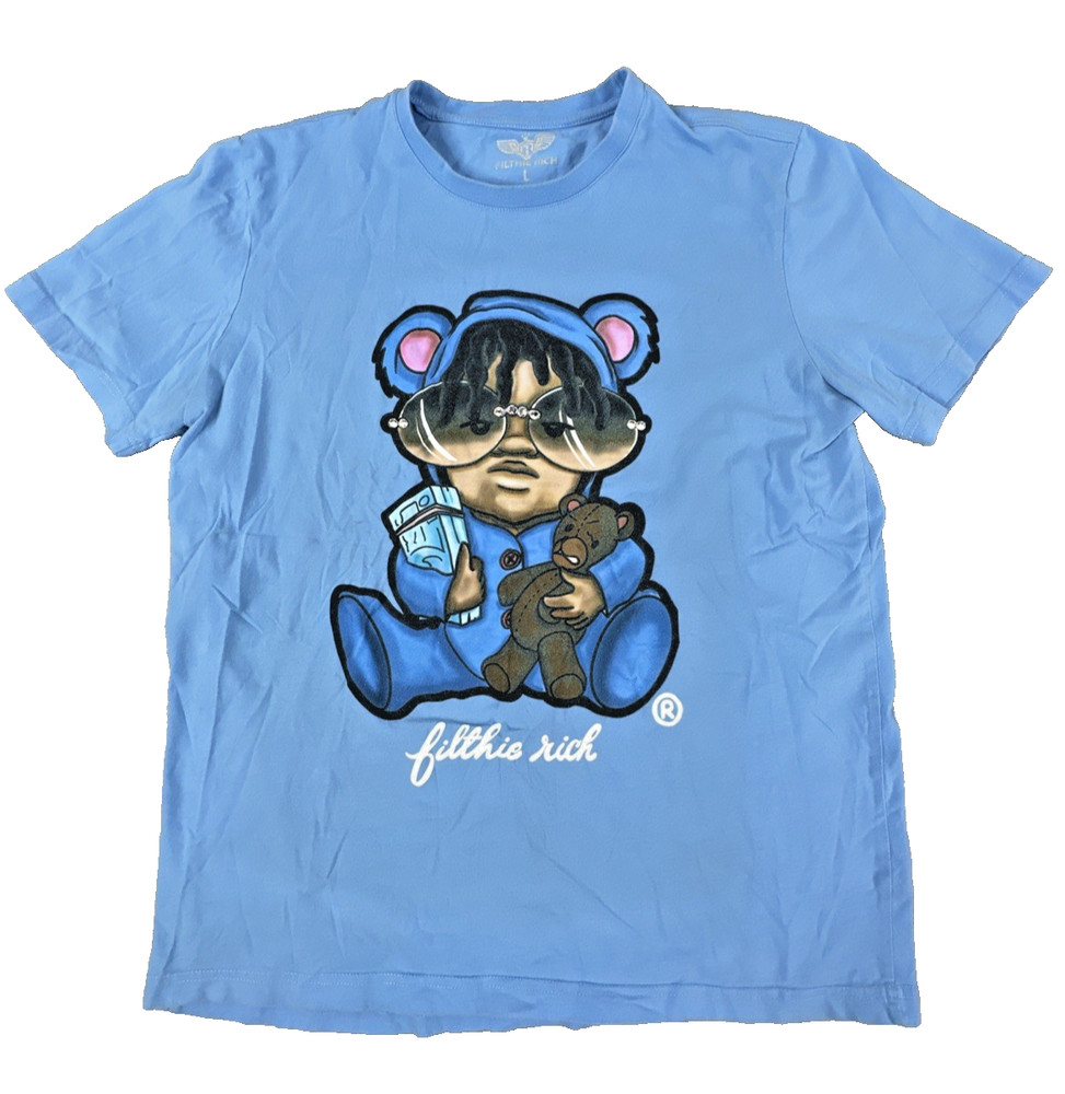 Filthie Rich Detroit Graphic T-Shirt Men’s L Light Blue Bear Money Hip Hop