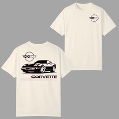 Corvette C4 Classic T-shirt, Retro Sports Car Graphic 2 Sides, Cream Tee with Vi