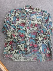Vintage Cafe Shirt Mens Medium Multicolor Tropical Button Front Long Sleeve