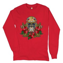 Christmas Calavera Long Sleeve T-shirt Sugar Skull Holiday Spirit Mistletoe