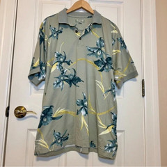 Tommy Bahama Floral Polo Shirt Green Blue and Yellow Ribbed Collar & Sleeves LRG