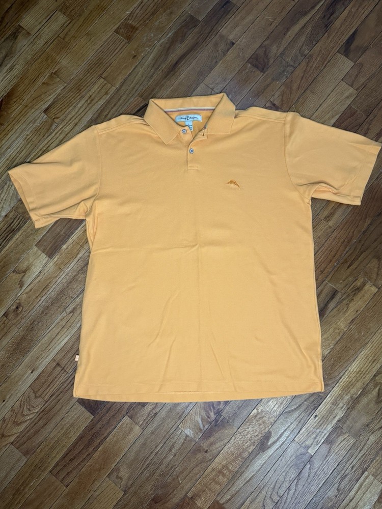 Tommy Bahama Men’s L Orange Solid Cotton/Poly Knit Logo Polo Collared Button