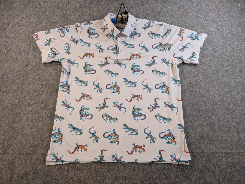 Chubbies Men’s XL Performance Polo Shirt White Multi-Color Lizard Pattern Golf