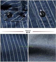 Non Stock Retro WABASH Striped Denim T-Shirt Mens Casual Button Down Work Shirts