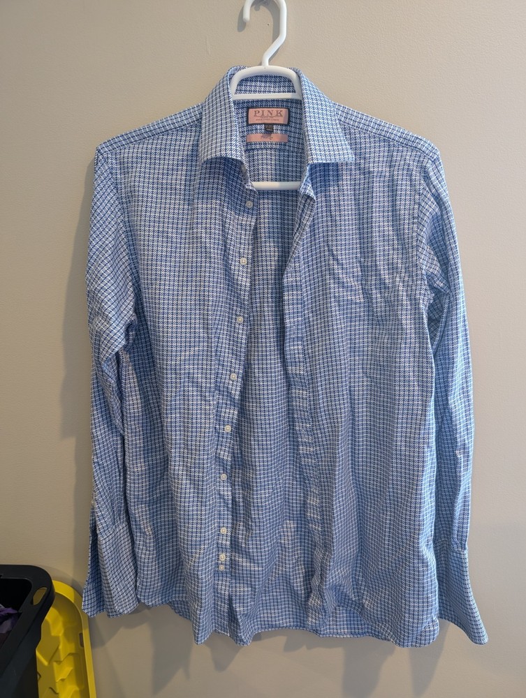 Thomas Pink Shirt Men’s Size 16 Large Button Up Dress Blue Prestige French Cuff