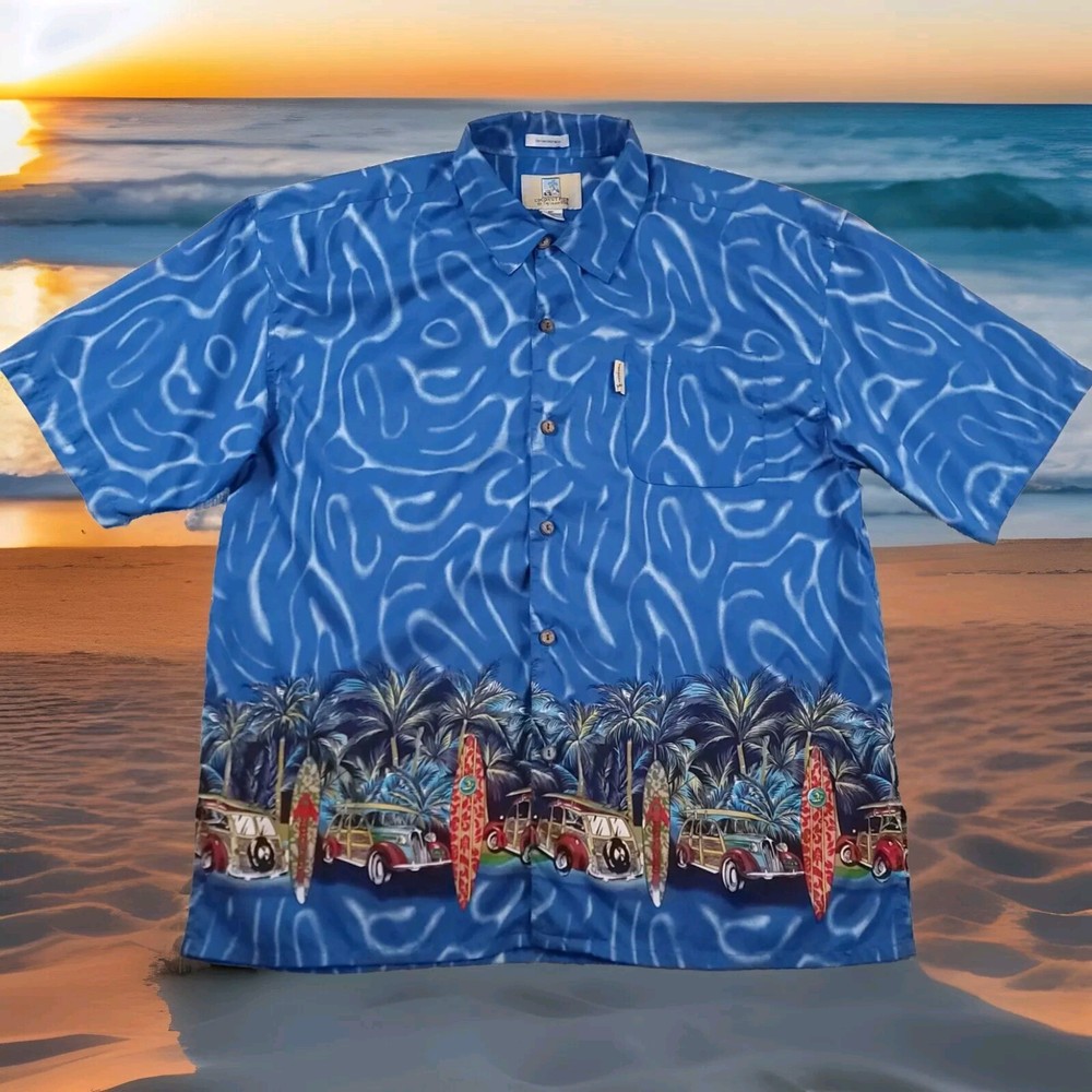 Coconut Pier Men’s 2XL Tropical Retro Surfboard Cars Button-Up Shirt Blue