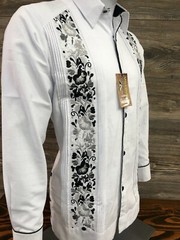 Men’s Guayabera White Wedding Dress Shirt With Black Flower Double Embroidery