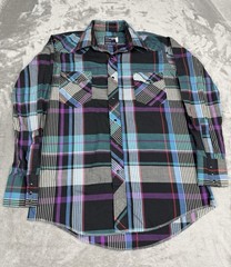 Vintage Wrangler Pearl Snap Shirt Mens Medium Purple Blue Red Plaid 90s Western
