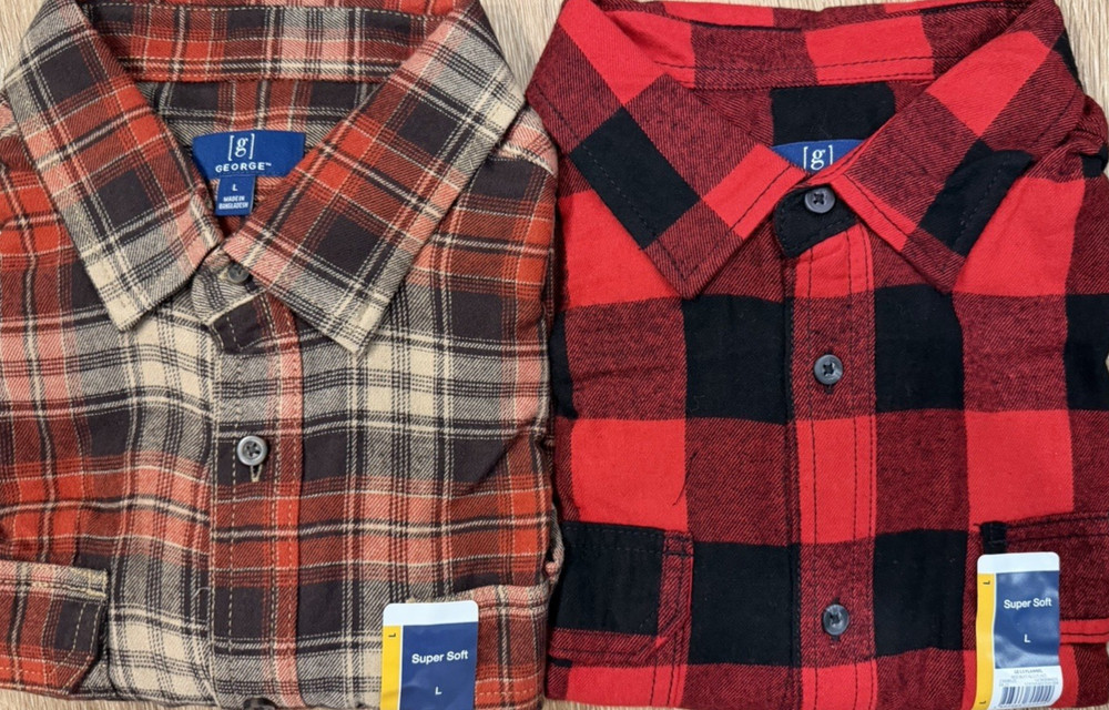 Lot of 2 George Super Soft Men’s Plaid Flannel button down Shirts NWT Size L