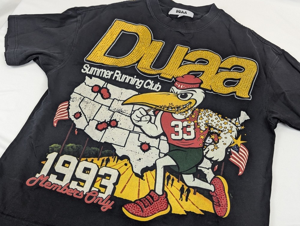 Duaa Summer Running Shirt Black Y2K Rhinestone Box Fit Mens Size Small Run Club