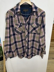 David Harrison Plaid Mens LS Pearl Snap Up Brown Shirt L 16-16.5 100% Acrylic