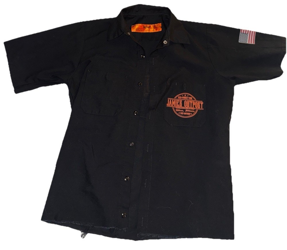Women’s Motorcycle Shirt Whisky IL “Jamie’s Outpost” Sz Small USA Flag