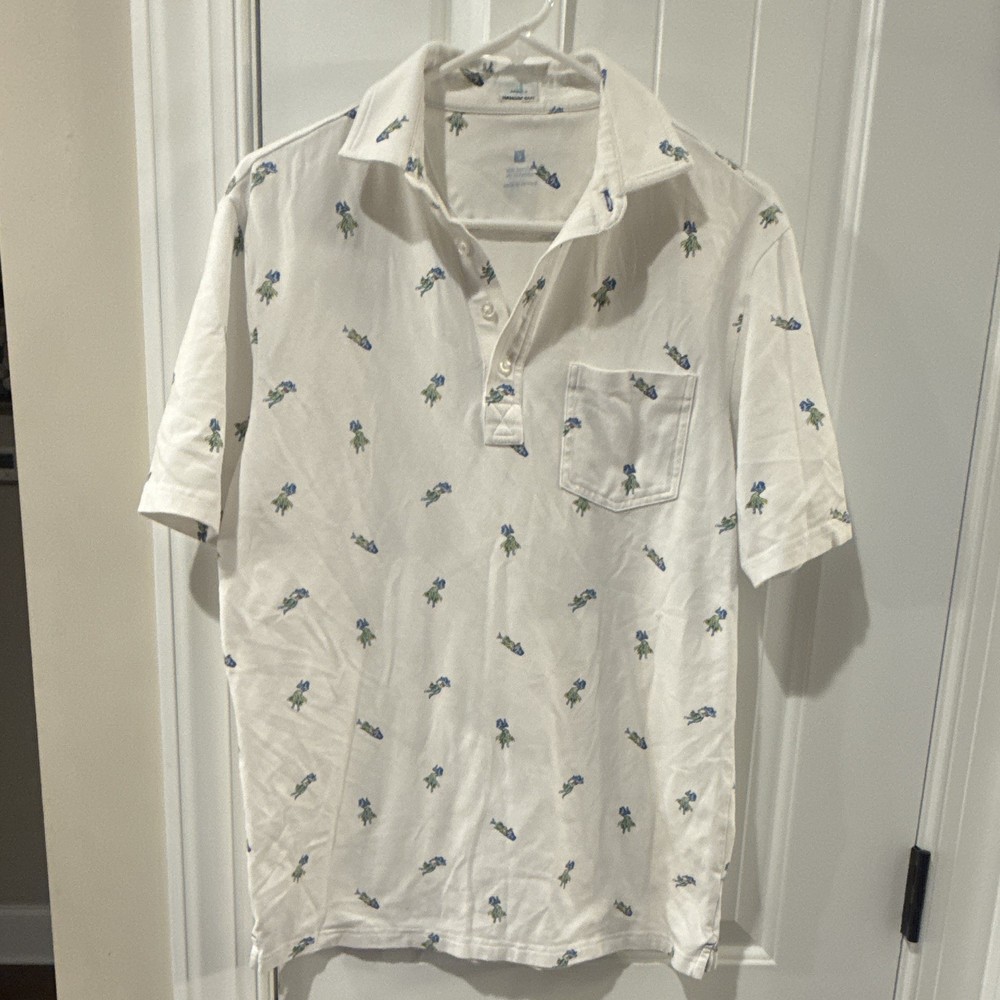 Johnnie-O Hangout Mens S White Cotton Hula Print Polo Shirt Pocket