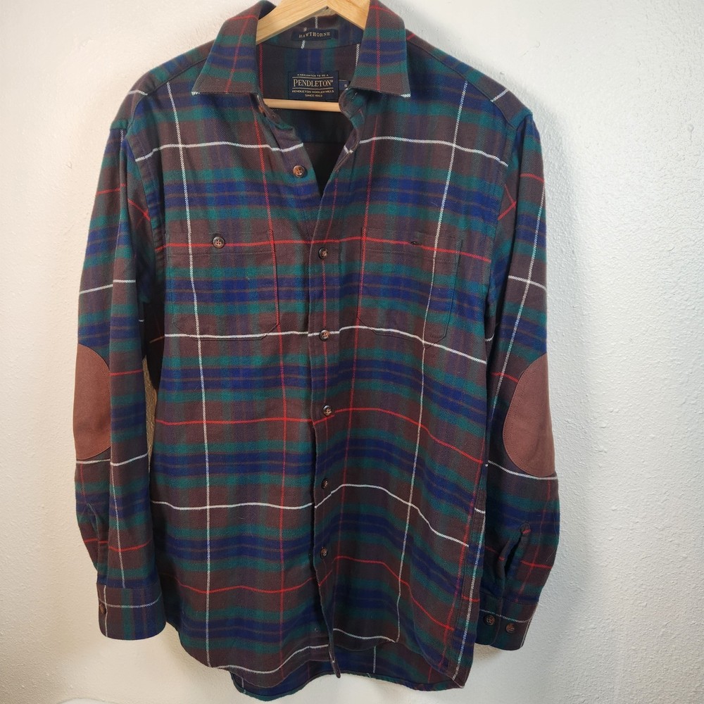 Pendleton Wool Button Up Shirt Elbow Patches Mens Size S Green Red Brown Blue