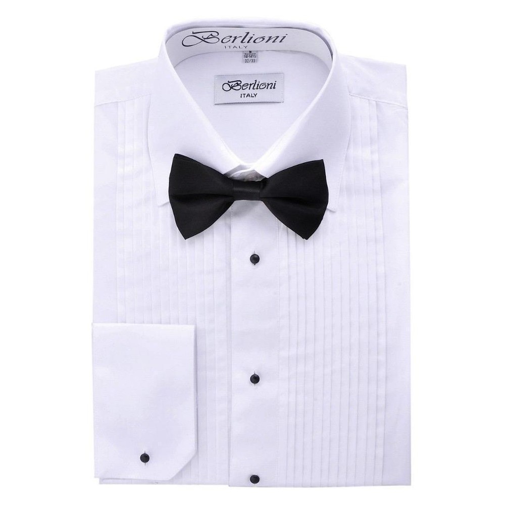 New Berlioni Italy Men’s Premium Tuxedo Dress Shirt Laydown Collar Bow-Tie White
