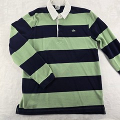 Lacoste Rugby Shirt Mens Large Polo Green Navy Blue Striped Long Sleeve Cotton